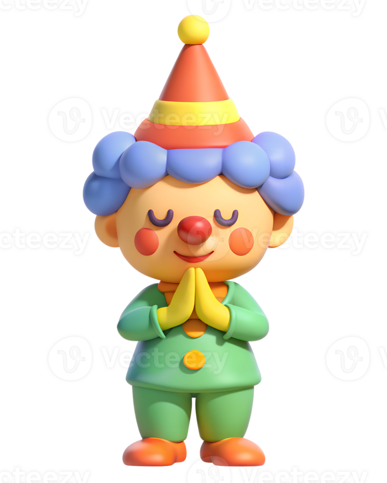 3D anime rendering of a clown, He's sleeping and his hands are closed. isolated on transparent background png