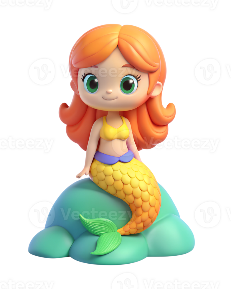 3D anime rendering of A mermaid with beautiful colorful scales sitting on a rock. She is looking for someone png