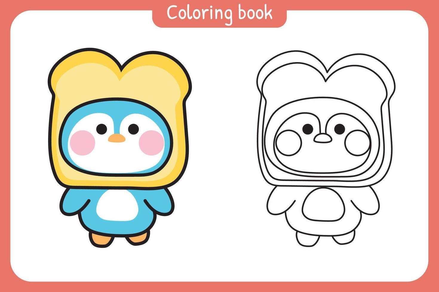 Coloring book.Painting book for kid.School.Page.Bakery.Cute penguin wear bread loaf hat mascot.North pole bird animal character cartoon deign.Kawaii.Illustration. vector