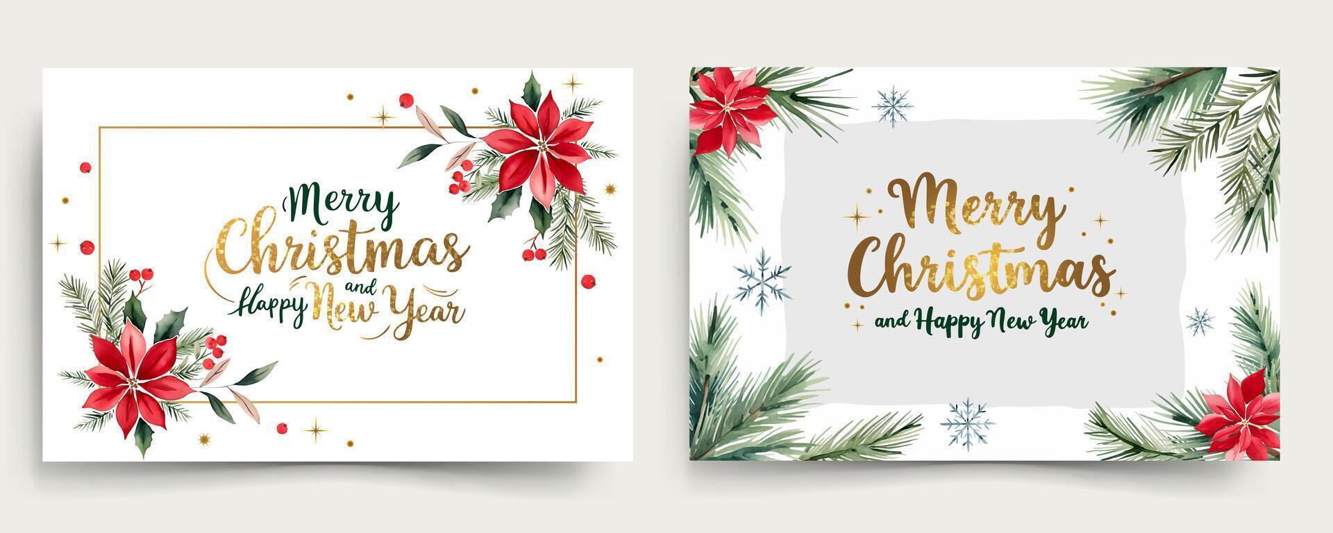 Horizontal watercolor frames with branches of christmas tree and golden lettering. Merry Christmas and New year cards vector