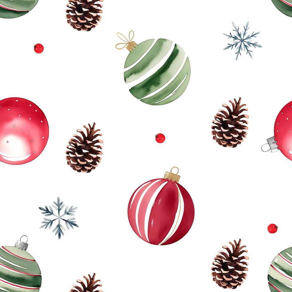 Seamless pattern with watercolor christmas balls and pine cone. Hand drawn christmas ornament, background. vector