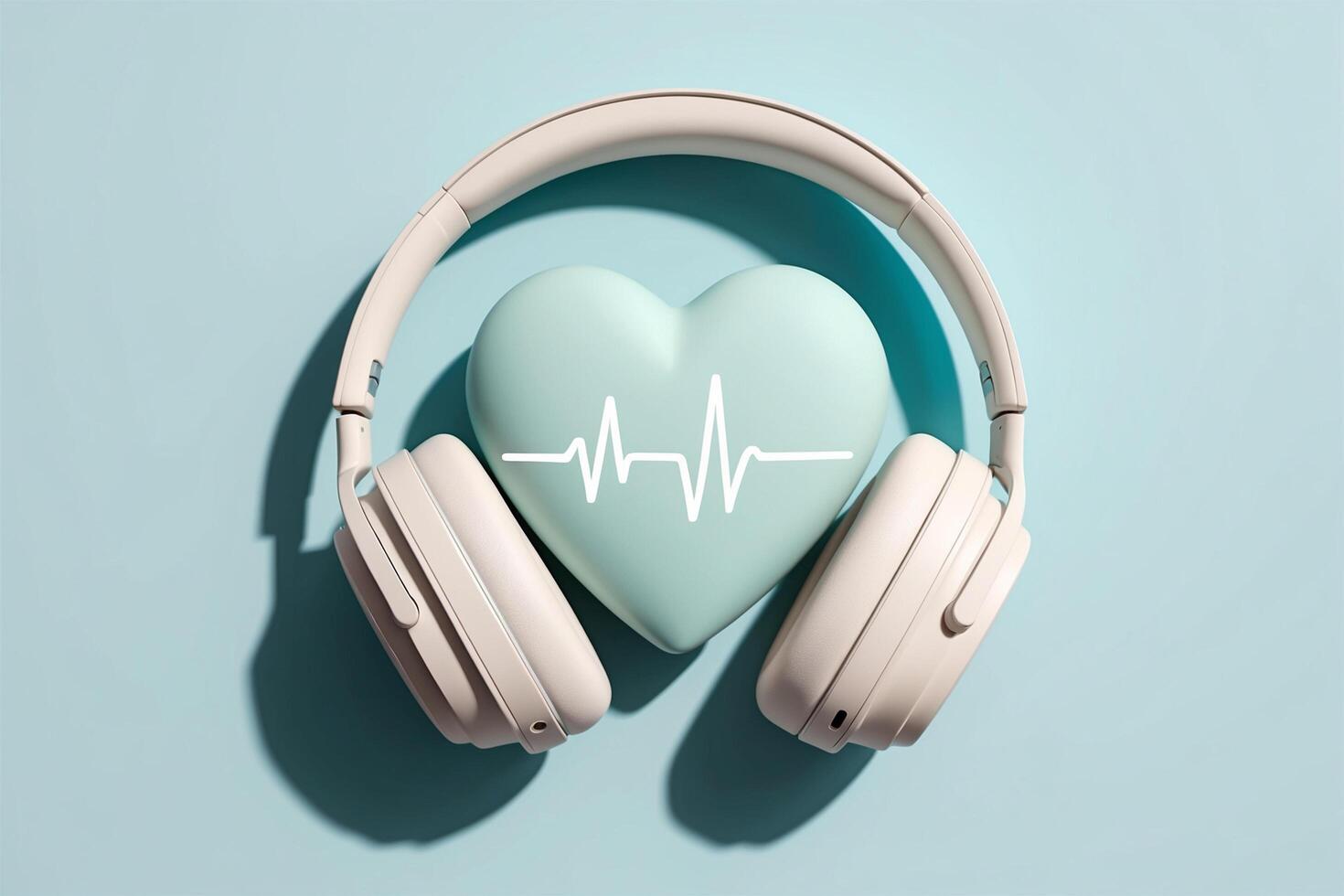 Heart with headphones on blue background. Music concept. photo