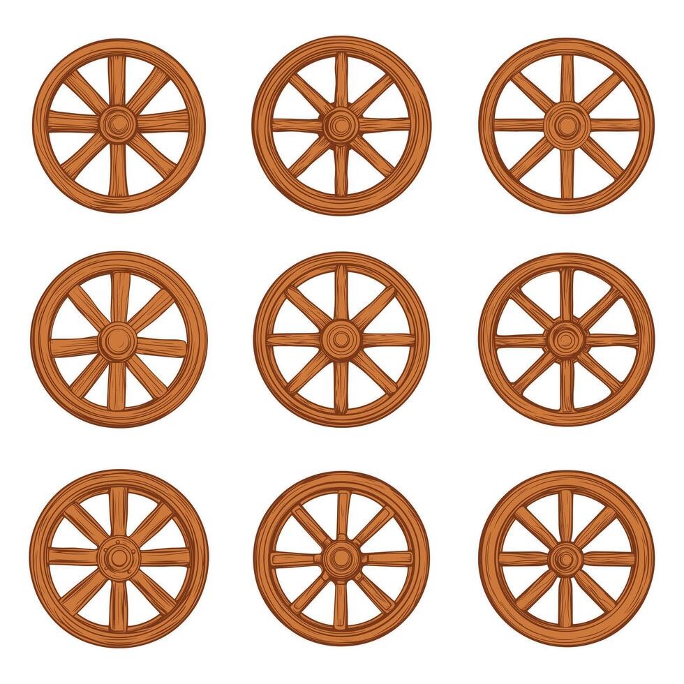 A set of wooden wheels on a white background vector