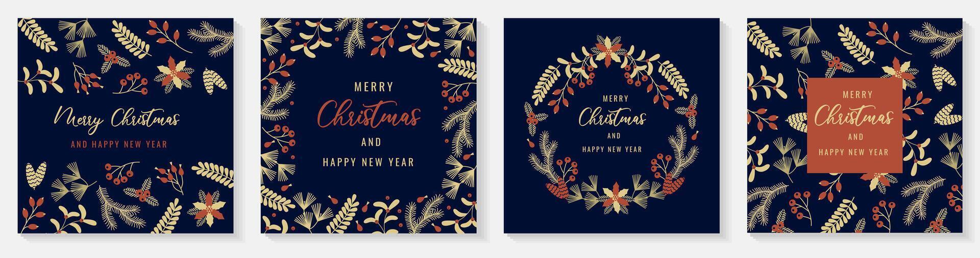 Festive Christmas greeting cards in elegant flat style with dark blue background and botanical elements in gold and red. Perfect for holiday season celebrations, sending wishes, and spreading joy. vector