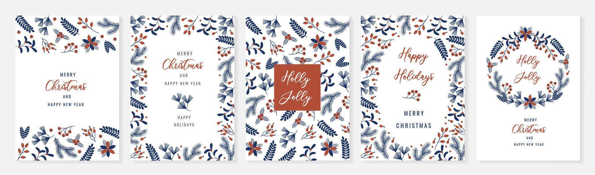 Festive holiday greeting cards with floral and botanical elements in a minimalist flat style. Perfect for Christmas and New Year celebrations with elegant, simple, and modern designs. vector