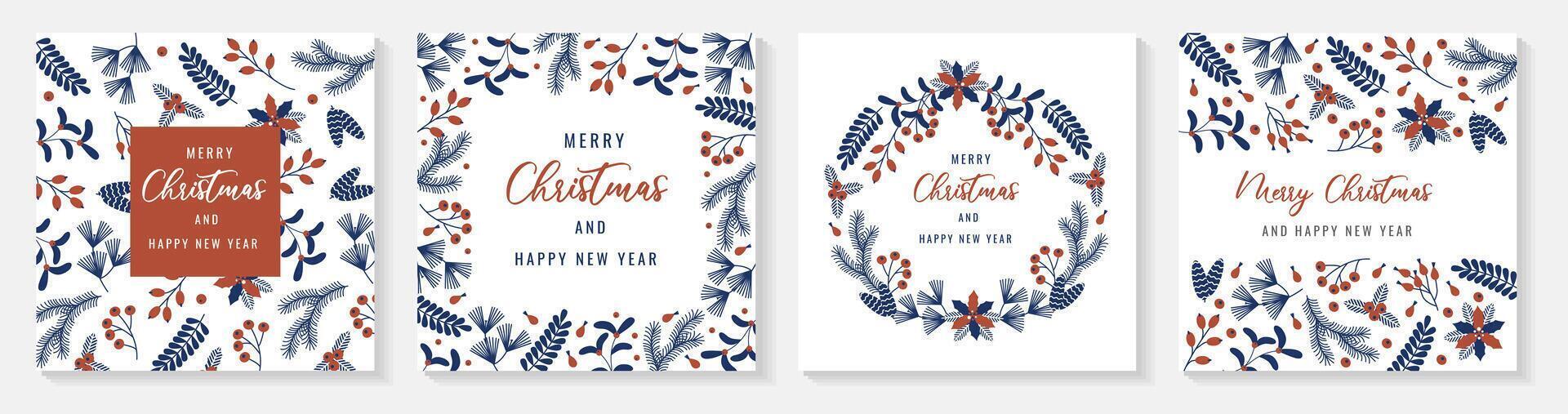 Elegant flat style Christmas greeting cards featuring festive botanical elements in blue and red colors. Perfect for spreading holiday cheer and celebrating New Year in a minimalistic modern design. vector