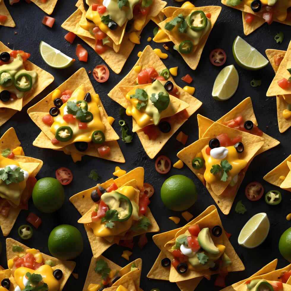 Mexican nachos with tomato salsa and guacamole shown from above photo