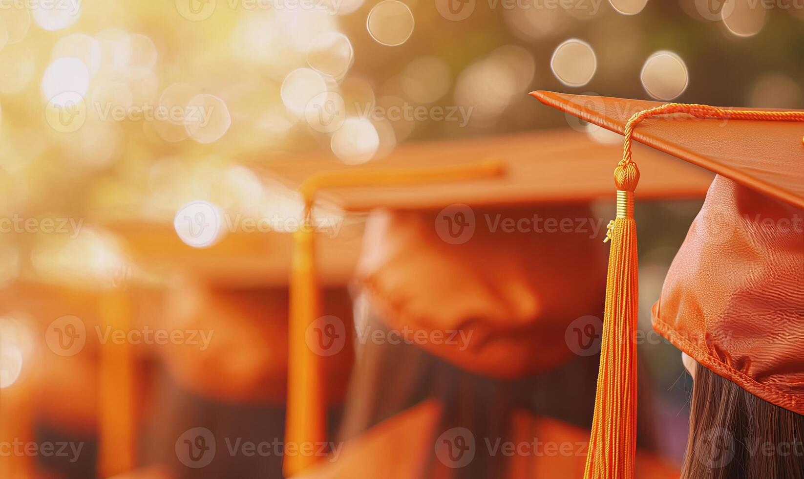 A line of graduates in orange caps and gowns stand in a ceremony, with blurred bokeh lights in the background, symbolizing a bright future. photo