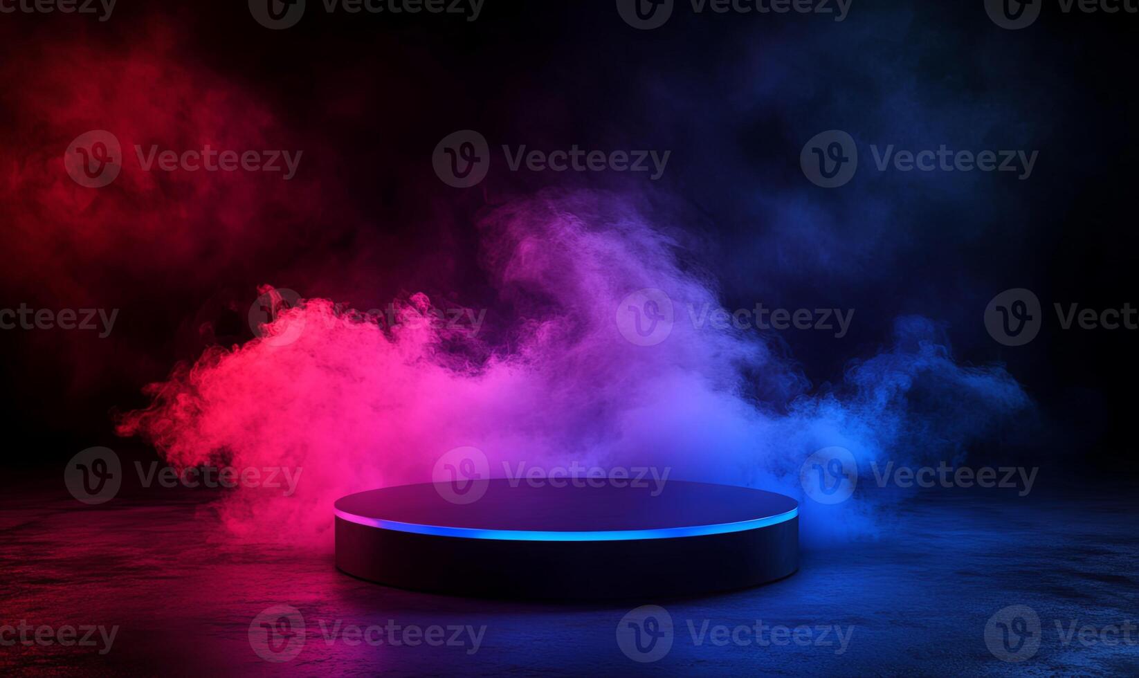 A circular podium with neon blue light, illuminated by red and blue smoke against a black background. photo