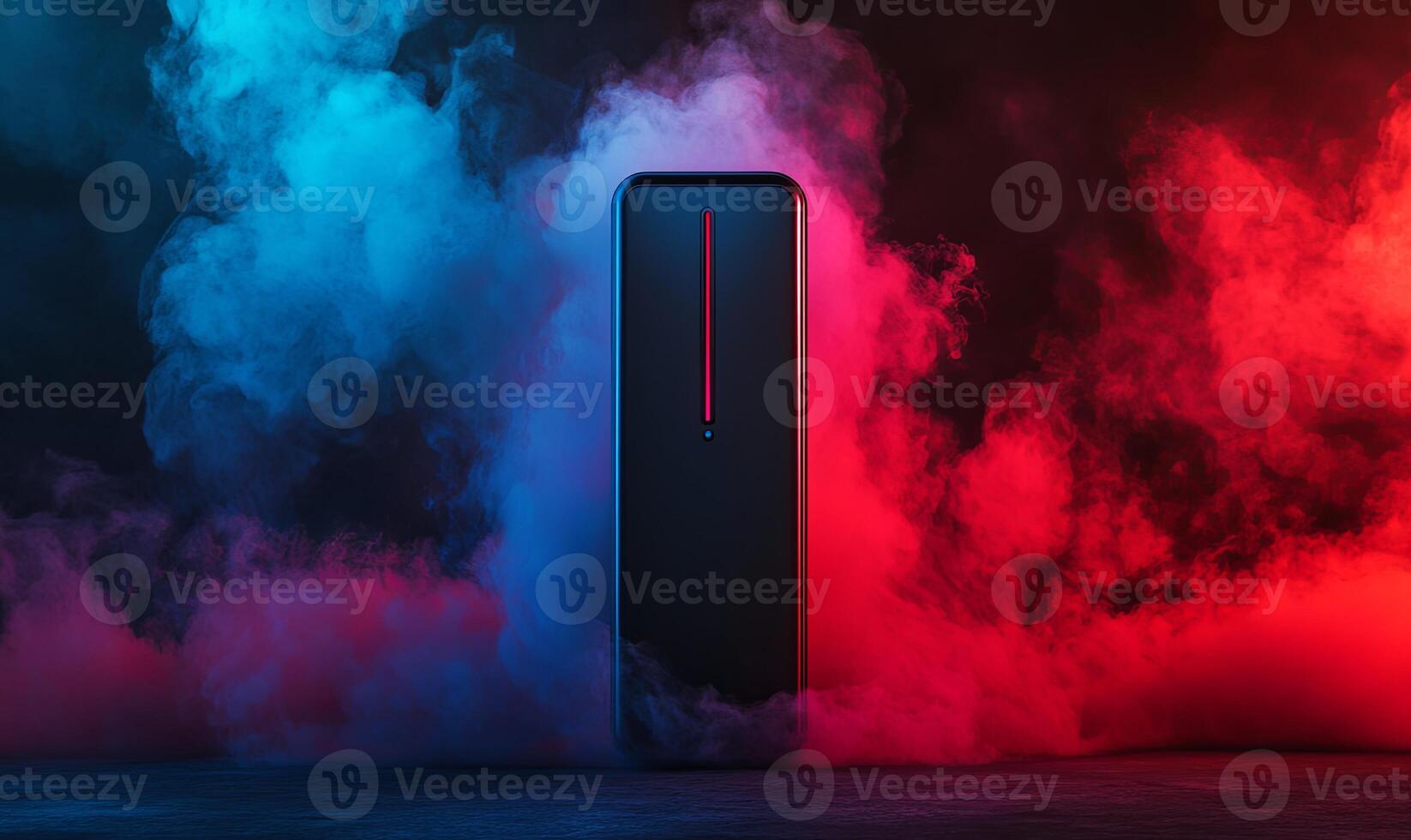 A black smartphone with a red line stands in front of a backdrop of blue and red smoke. photo