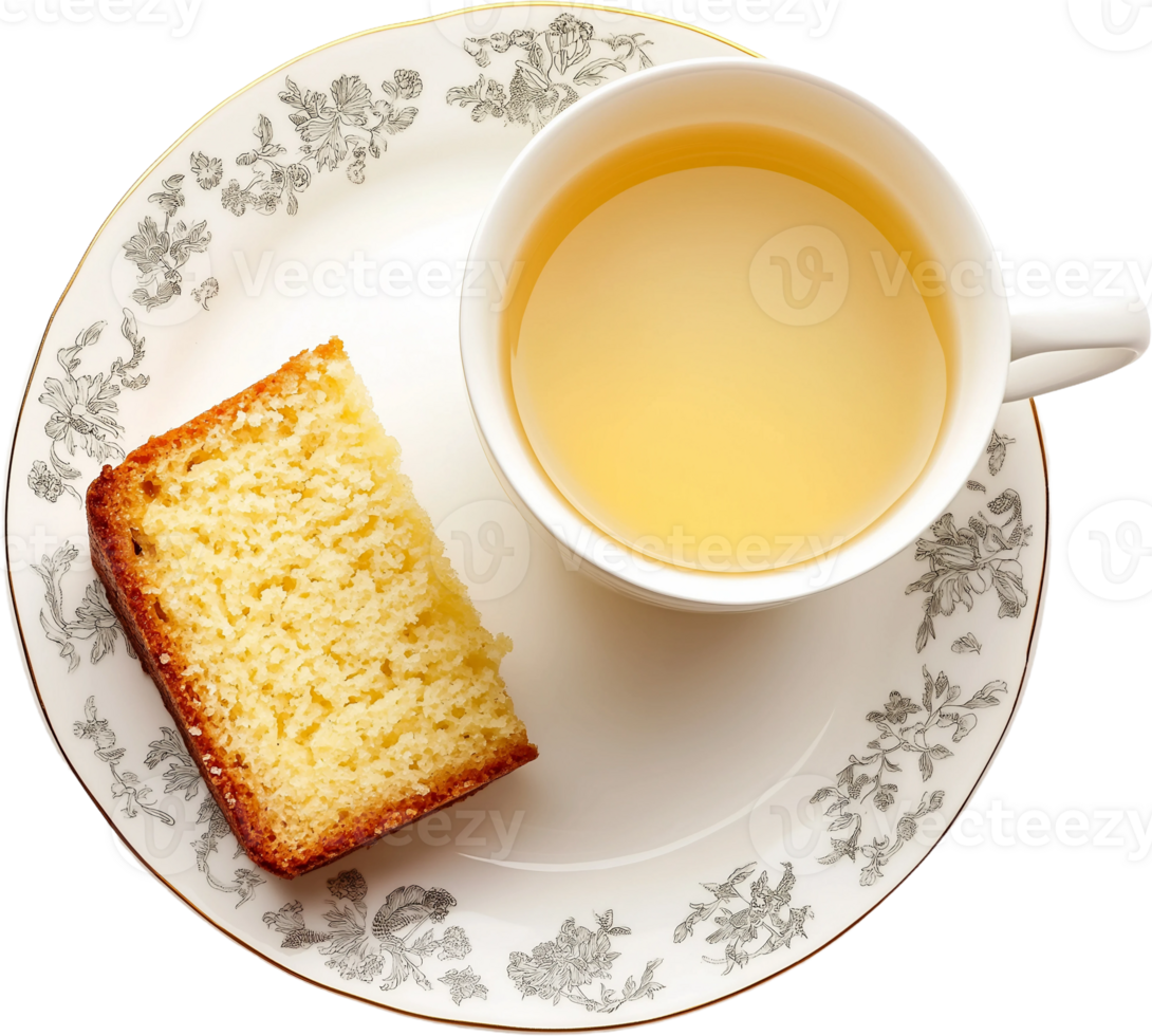 A slice of cake and a cup of tea on a plate png