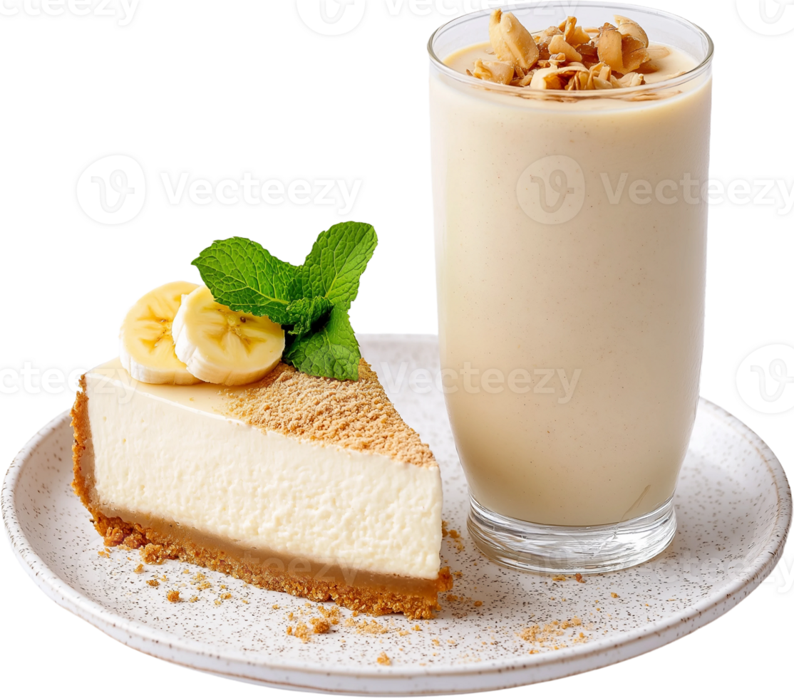 A piece of cheesecake and a drink on a plate png