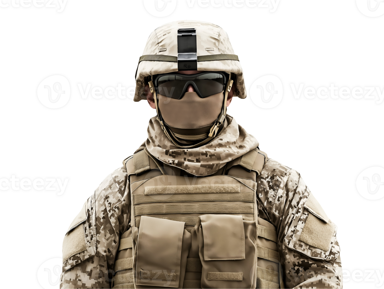 front view of a modern-day u.s. marine in desert camouflage uniform with tactical gear and combat helmet, military portrait for contemporary warfare and special operations representation png