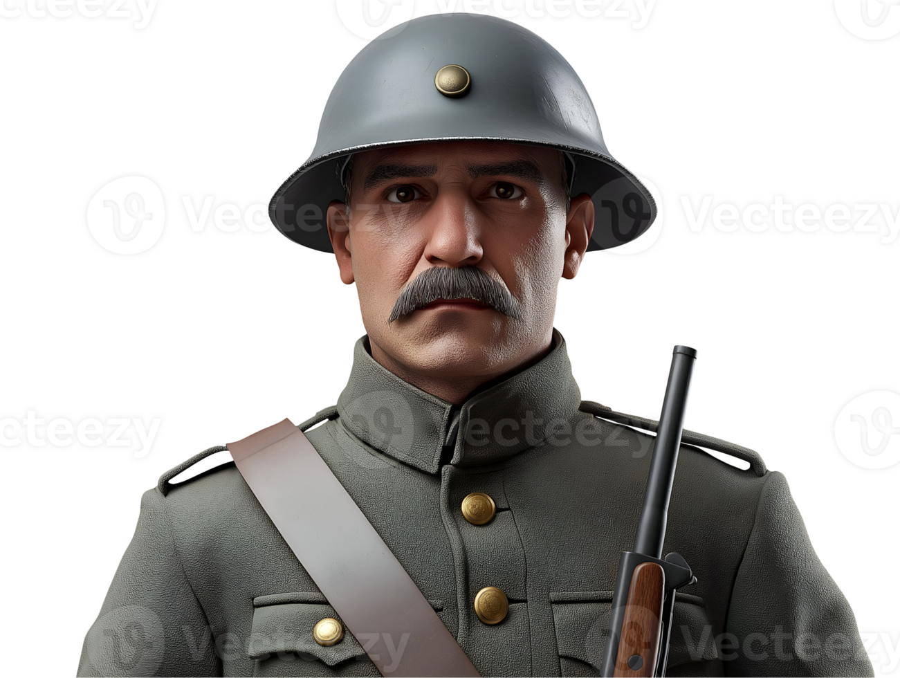 front view of a german soldier from world war i in military uniform with helmet and rifle, featuring a serious expression and detailed portrait for historical reenactment or war history presentations png