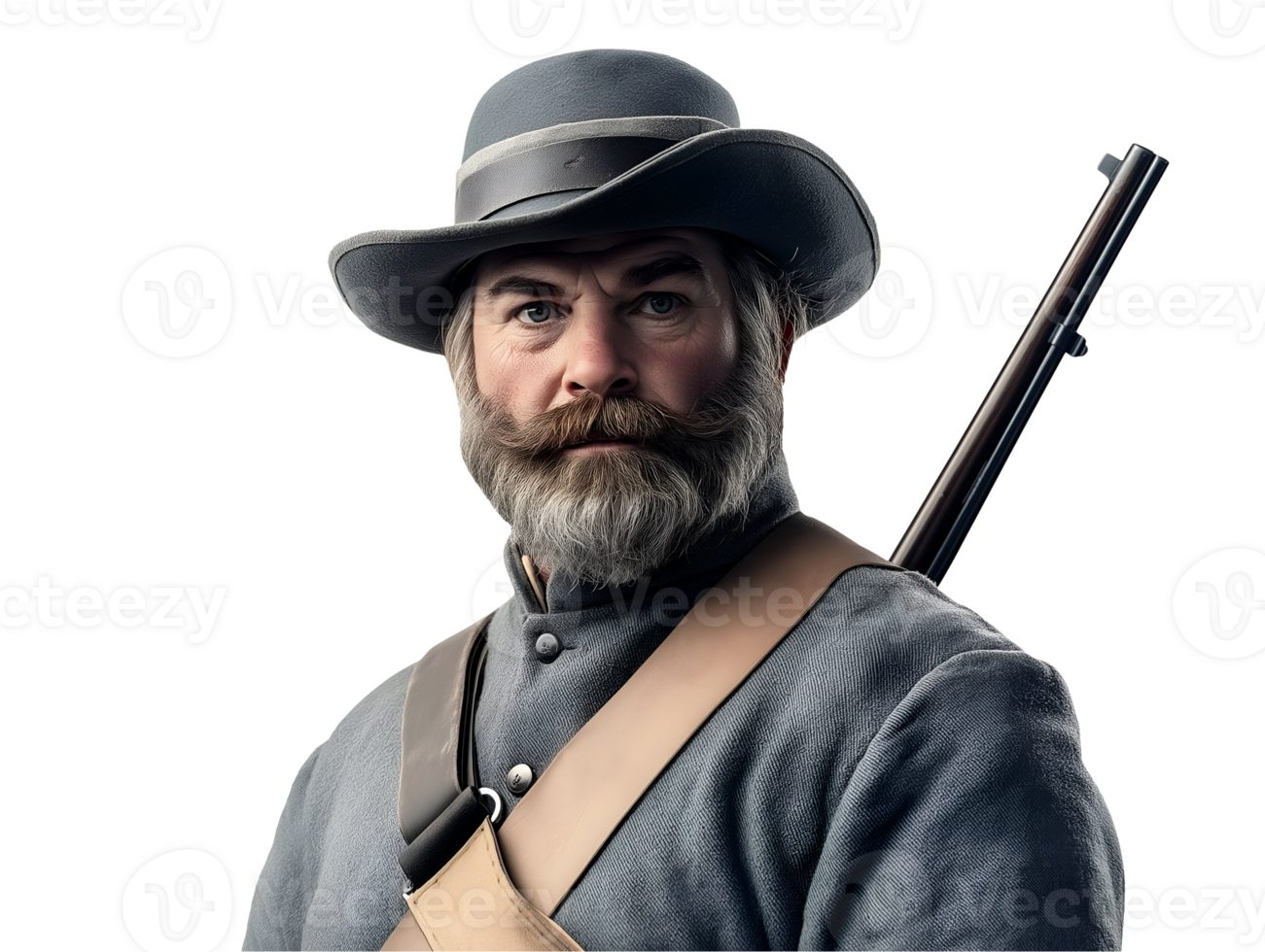 front view of a confederate soldier from the american civil war era in traditional military uniform with rifle and wide-brimmed hat, detailed bearded portrait perfect for historical reenactment png
