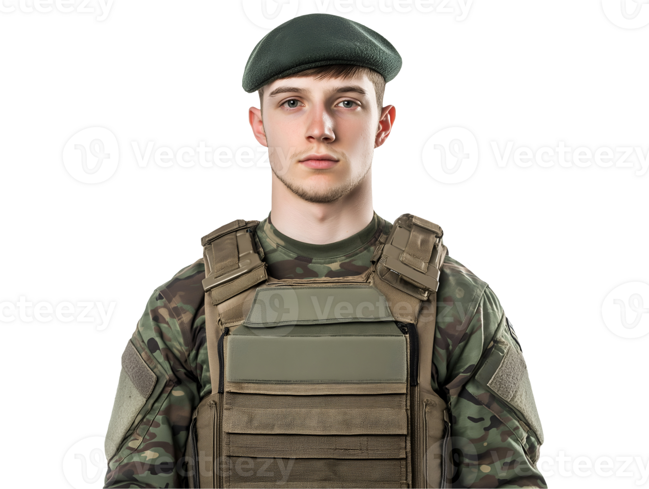 front view of a modern british soldier in full battle gear with camouflage uniform, tactical vest, and beret, military portrait for contemporary war representation and armed forces reenactment png