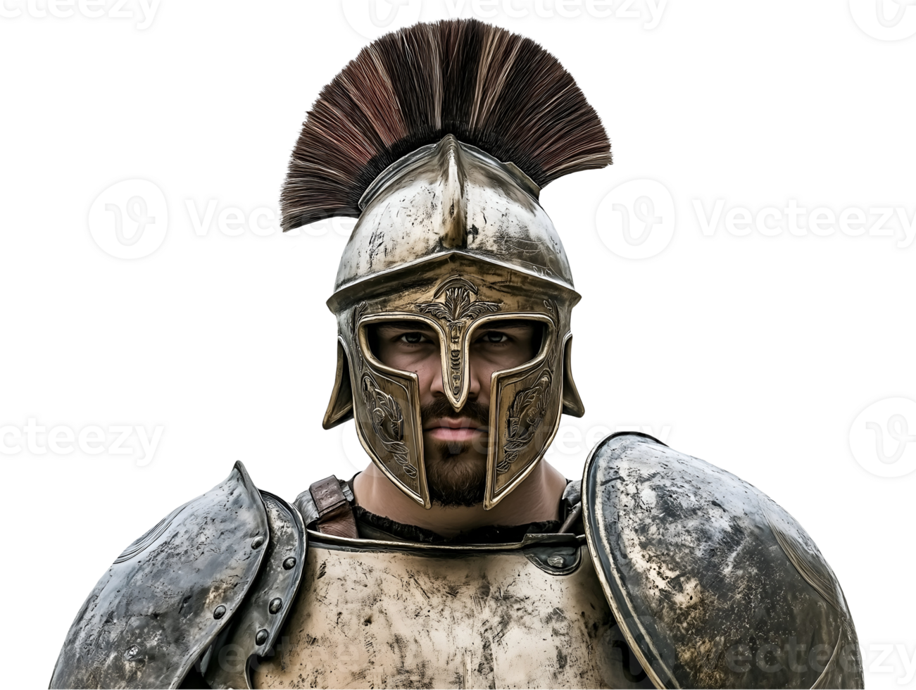 front view of a spartan warrior in ancient greek armor with plumed helmet and shield, historical portrait of a fierce warrior for ancient battle reenactment and greek military representation png