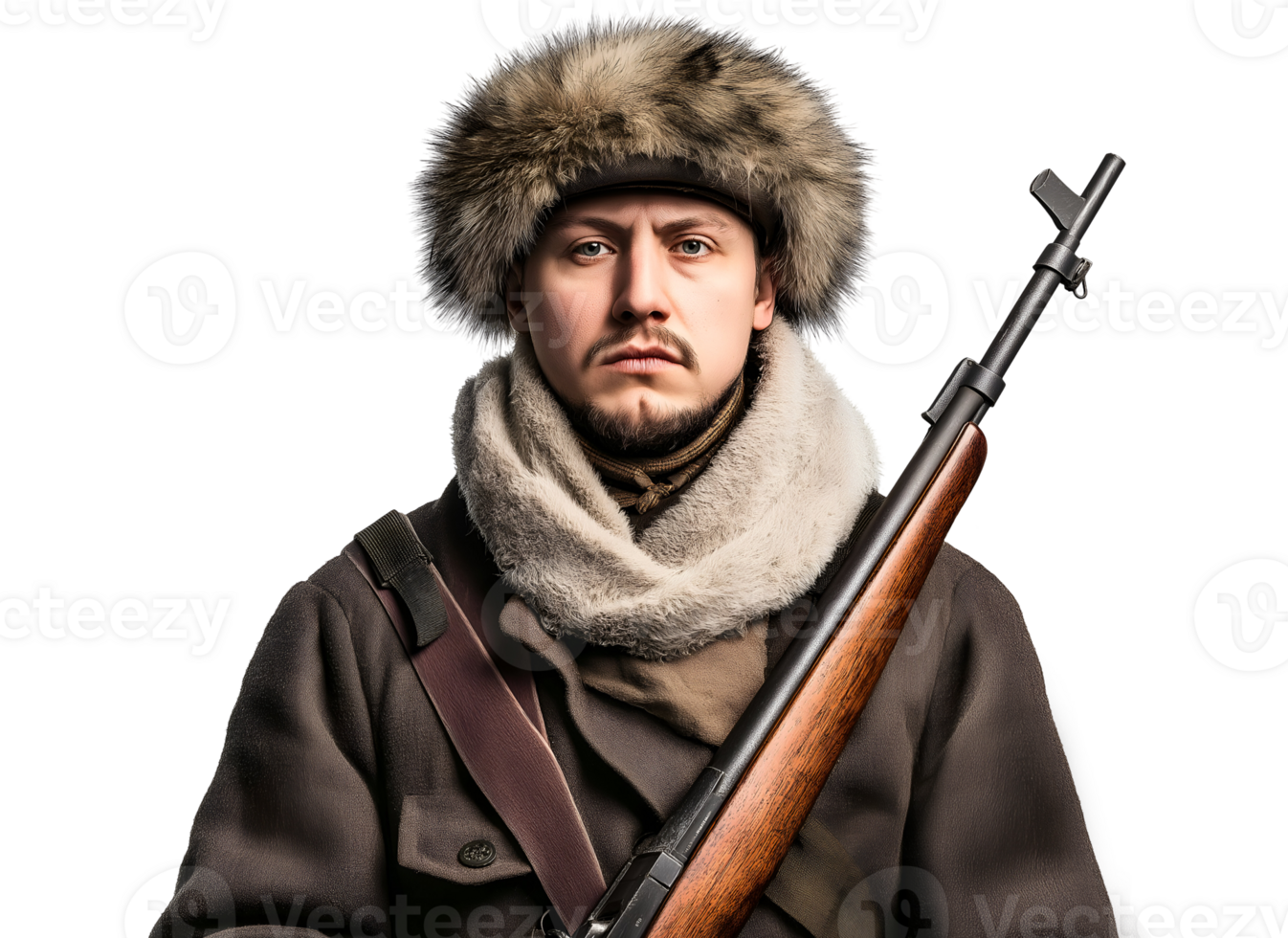 front view of a soviet red army soldier from world war ii wearing winter uniform with fur hat and rifle, historical military portrait for cold weather combat reenactment and wartime representation png
