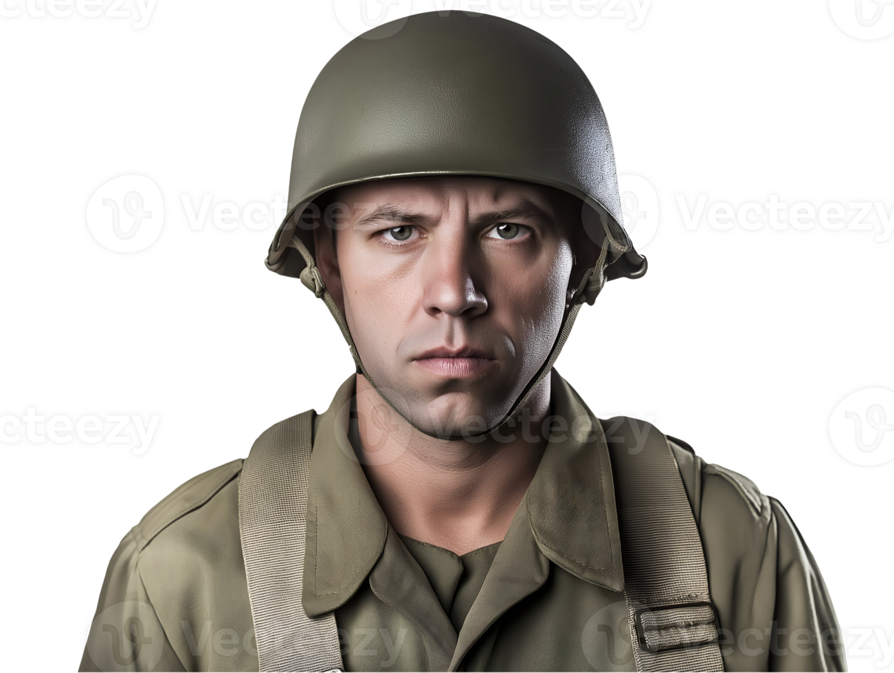 front view of a world war ii u.s. soldier wearing a standard military helmet and uniform, historical military portrait for ww2 reenactment and wartime representation png
