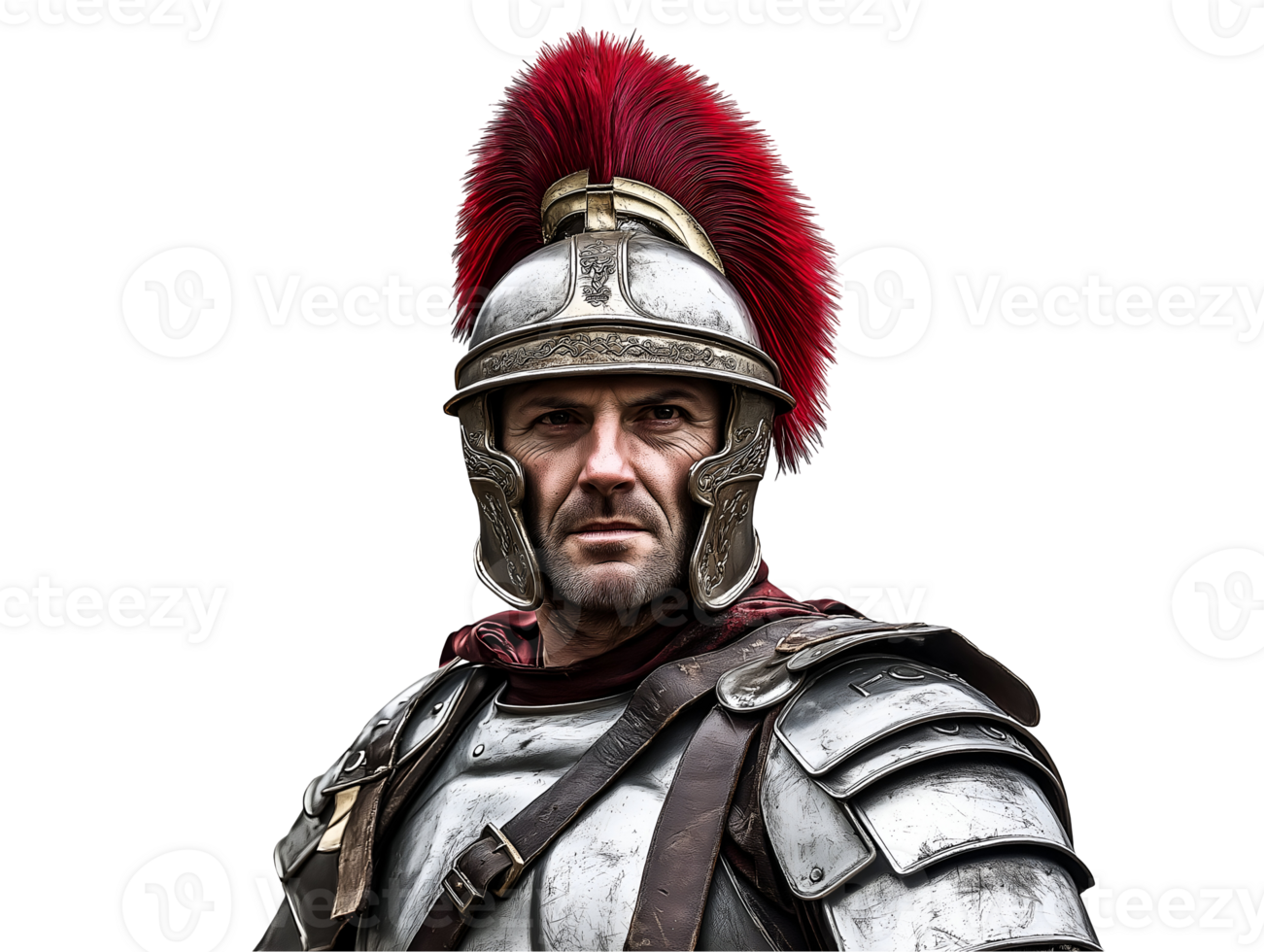 front view of a roman legionary in armor with a red plumed helmet, historical military portrait showcasing ancient roman soldier in full battle gear for reenactment and historical representation png