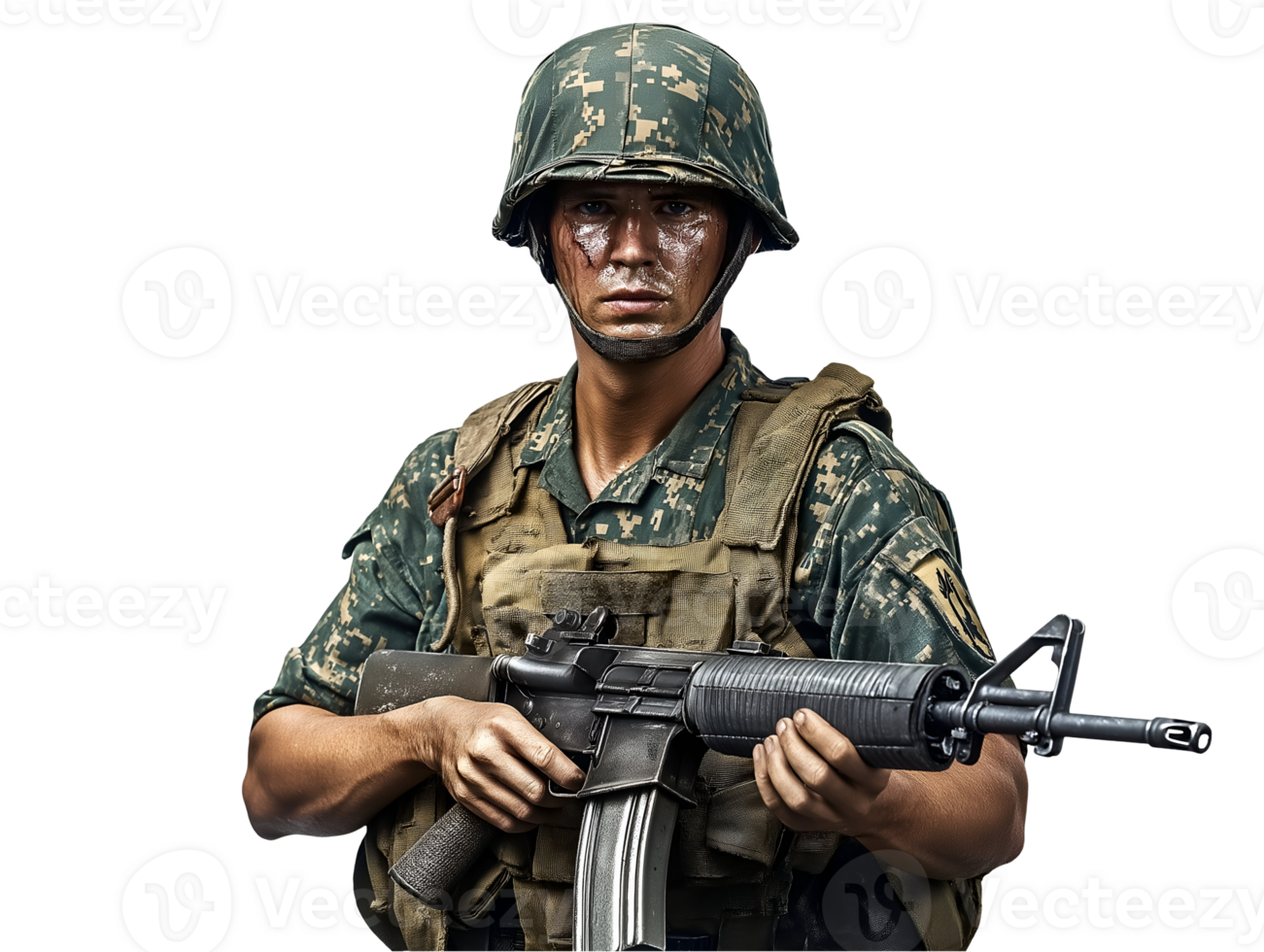 front view of a u.s. soldier from the vietnam war era in camouflage uniform with tactical vest and rifle, historical military portrait for war reenactment and vietnam conflict representation png