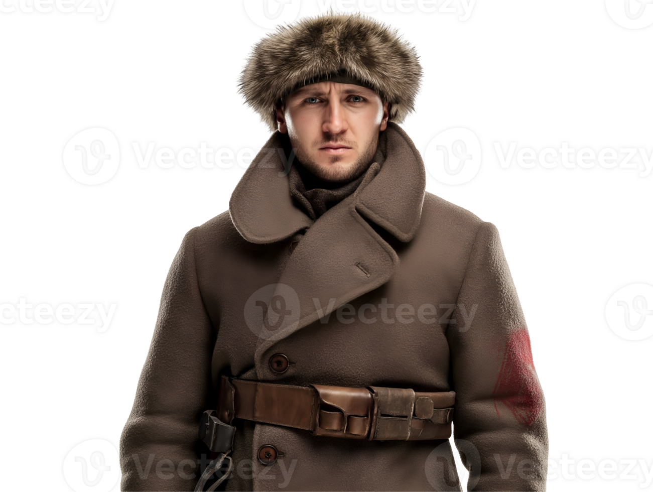 front view of a soviet red army soldier from world war ii in heavy winter coat and fur hat, military portrait for cold weather combat reenactment and historical wartime representation png