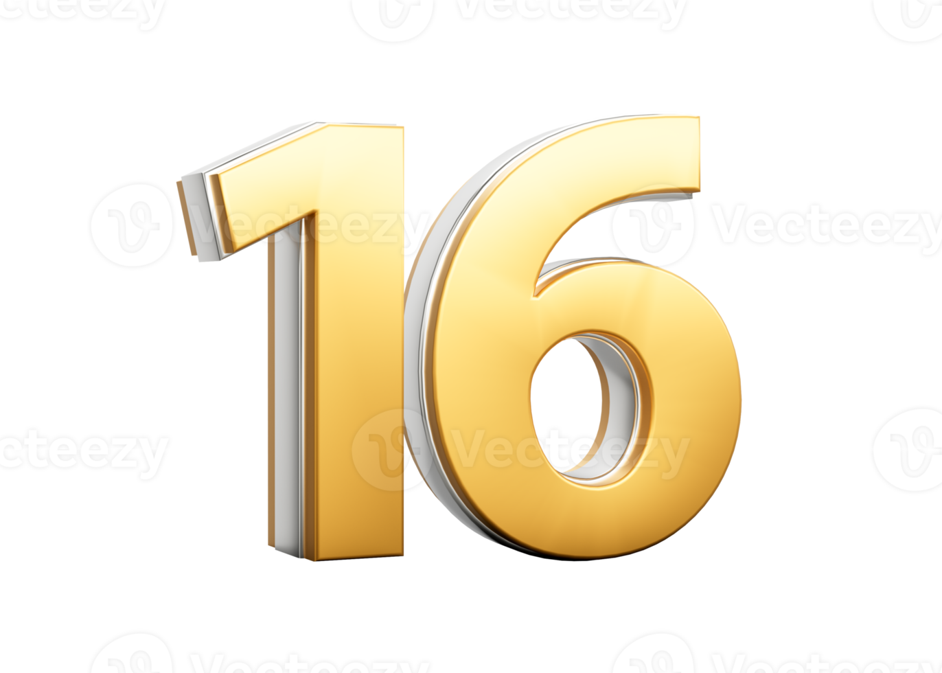 3D Golden Shiny Number 16 Sixteen With Silver Outline 3D Illustration png