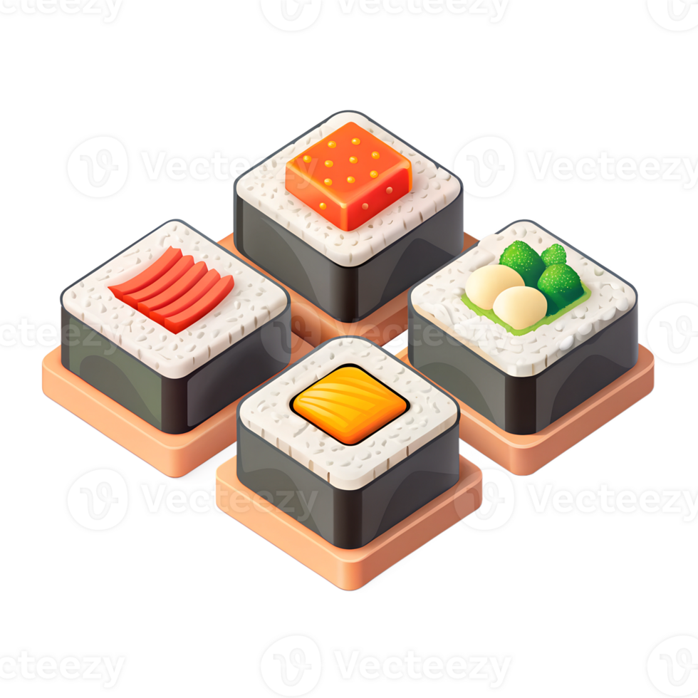 3D style illustration, flat style of a set of 4 isometric sushi pieces spaced apart in each image, isolated on a transparent background png