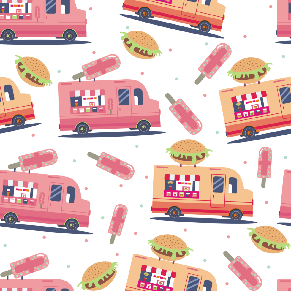 food truck seamless pattern with burger and ice cream png