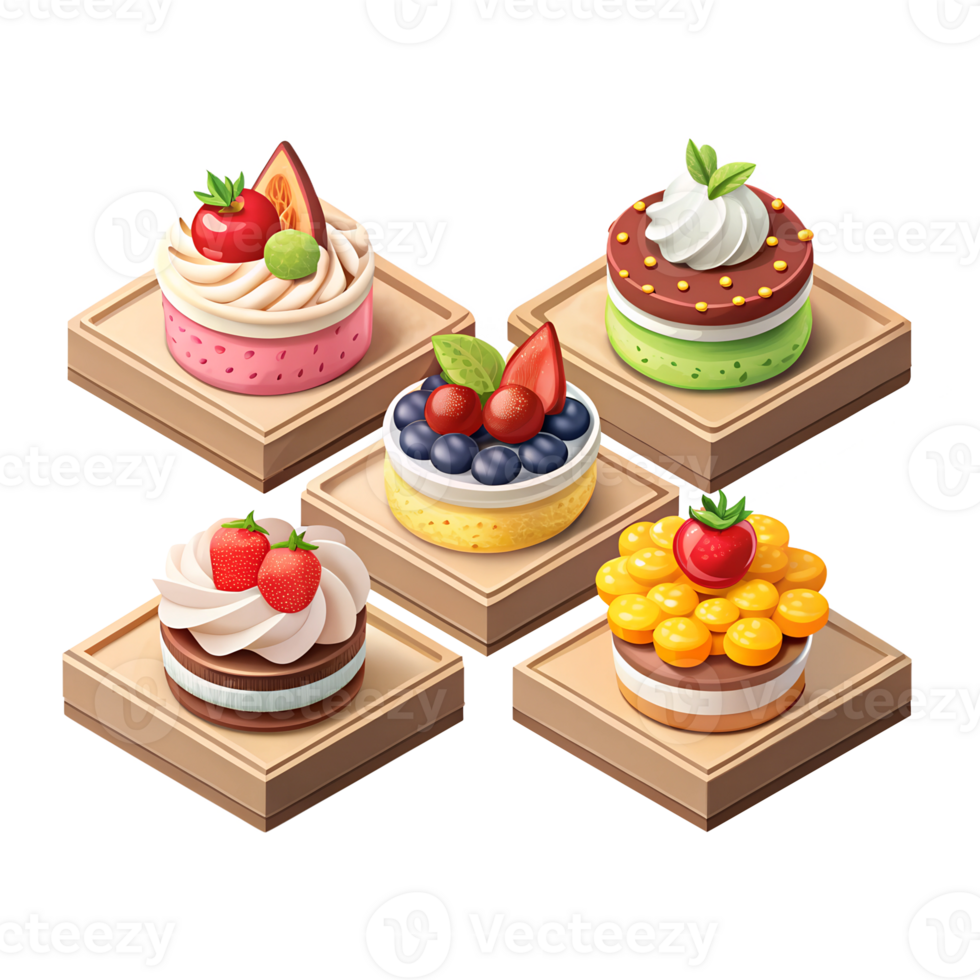 3D style illustration, flat style of a set of 5 isometric Toppings for decorating desserts pieces spaced apart in each image, isolated on a transparent background png