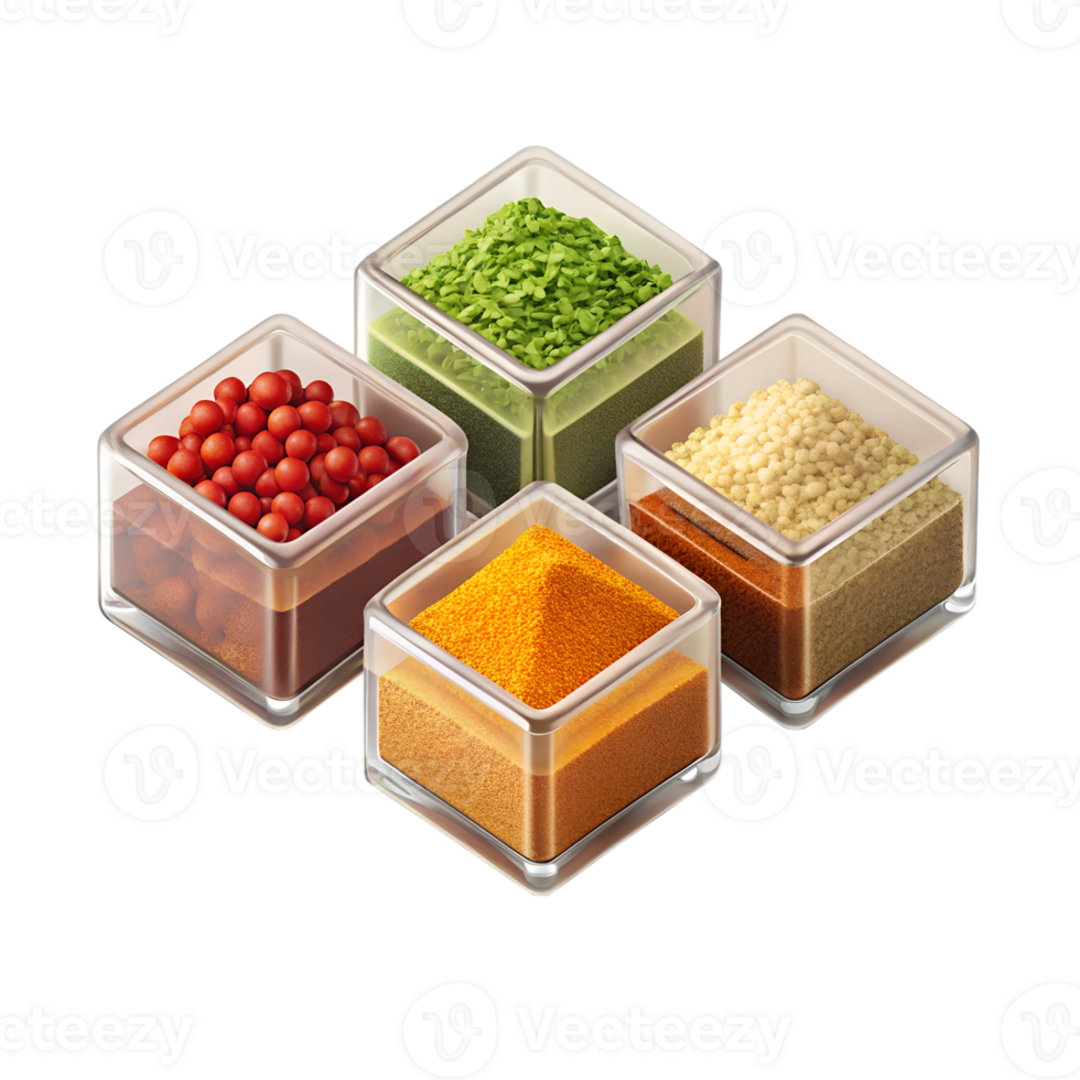 3D style illustration, flat style of a set of 4 isometric Food seasoning pieces spaced apart in each image, isolated on a transparent background png