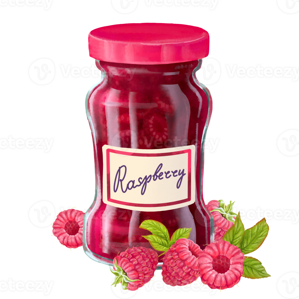 Glass Jar with Raspberry Jam and berries all around it. Isolated png