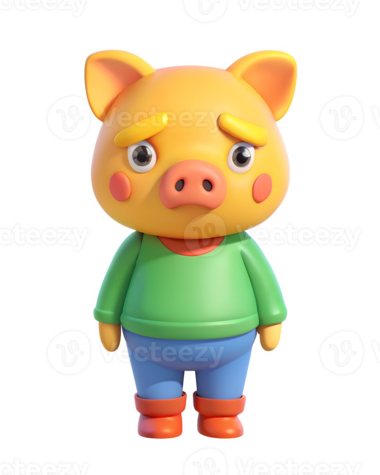 3D anime rendering of pig disappointment, casual clothing, isolated on transparent background png