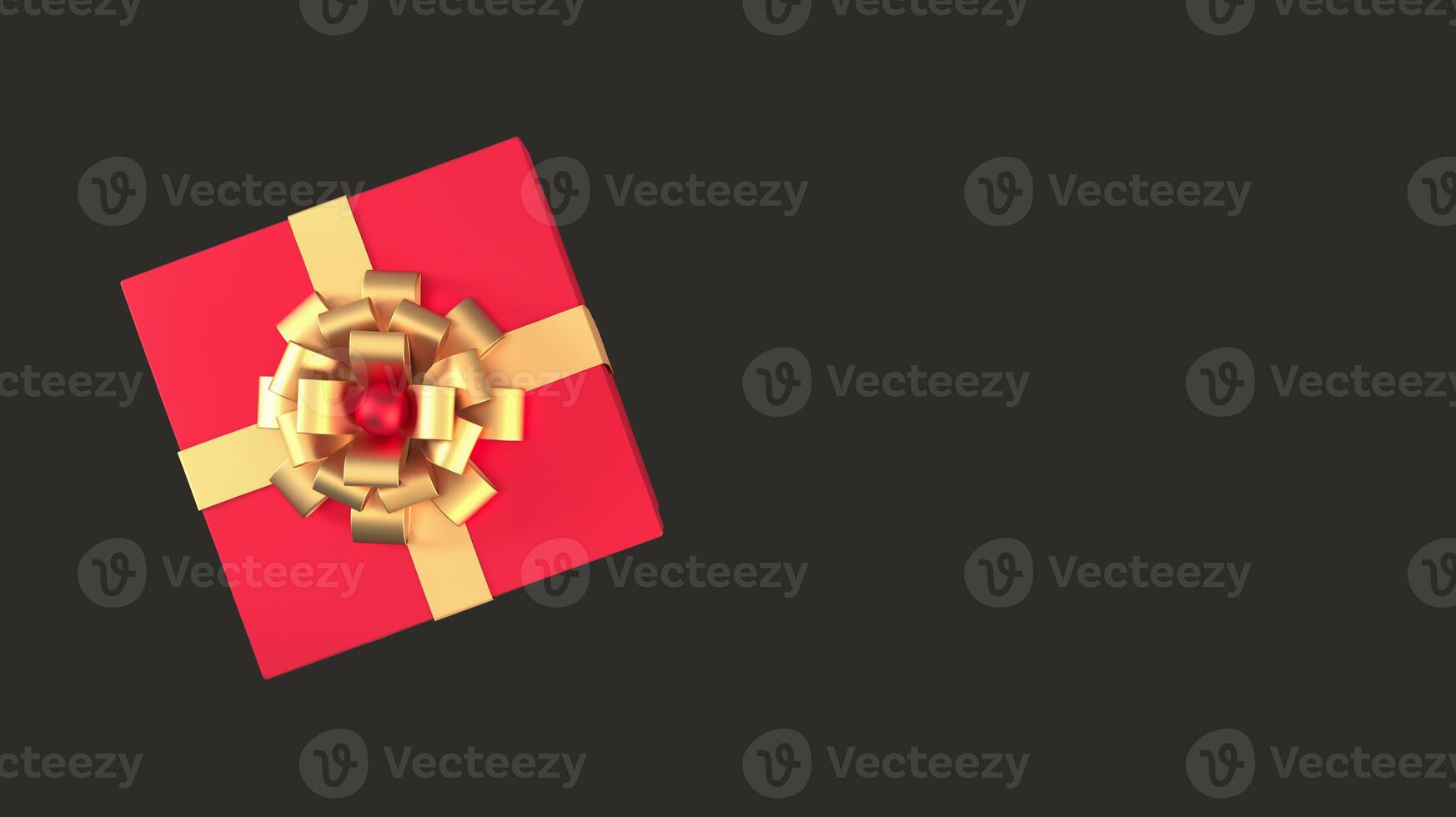 Top view of red gift box with gold ribbon and bow isolated on black background and copy space. Giving present, happy new year, christmas, valentine's day, birthday, shopping, concept. 3d render. photo