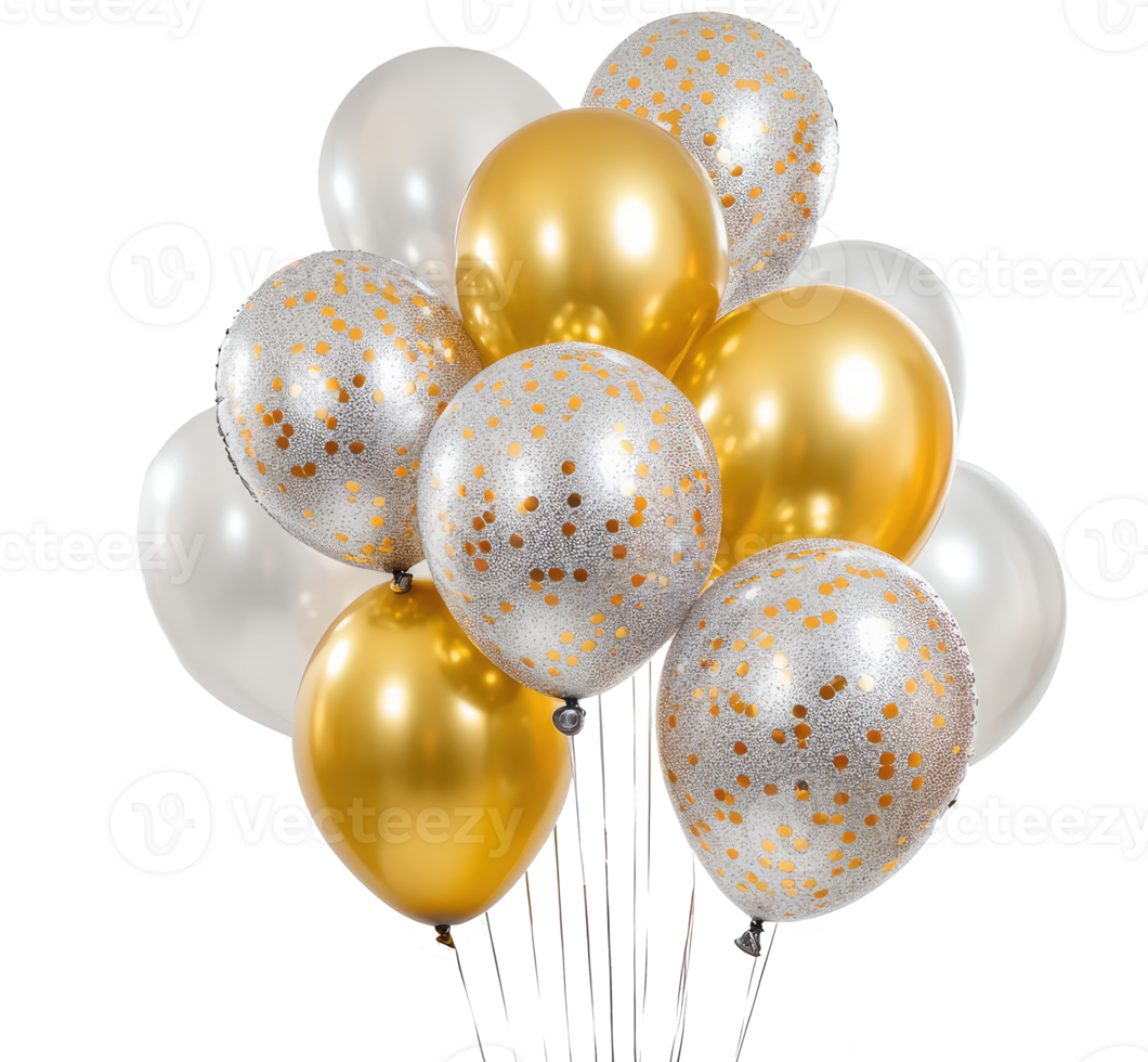 Golden, white and silver festive balloons isolated on transparent background png