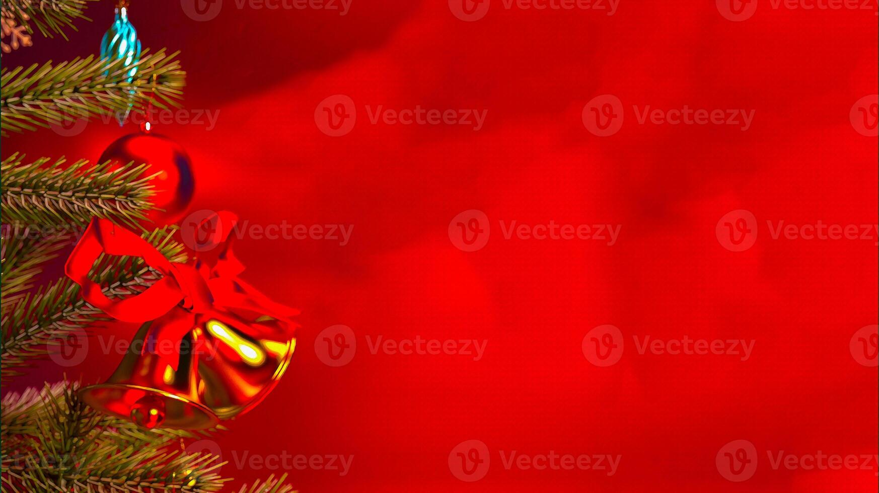 Christmas background with watercolor concept. Close up christmas tree ornaments and copy space. Happy new year red backdrop concept 3d render illustration. photo