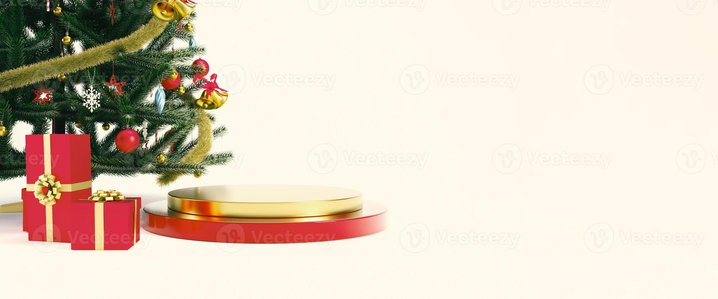 Red and gold Christmas podium or pedestal with christmas tree and gift boxes for product display. 3d new year concept render illustration, banner or header design. photo