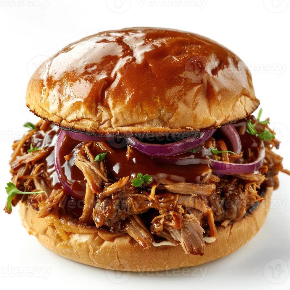 a close up of a pulled pork sandwich with onions and ketchup photo