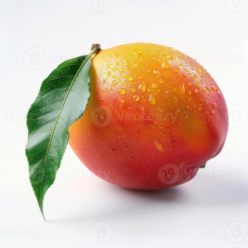 a mango with a leaf on it on a white surface photo