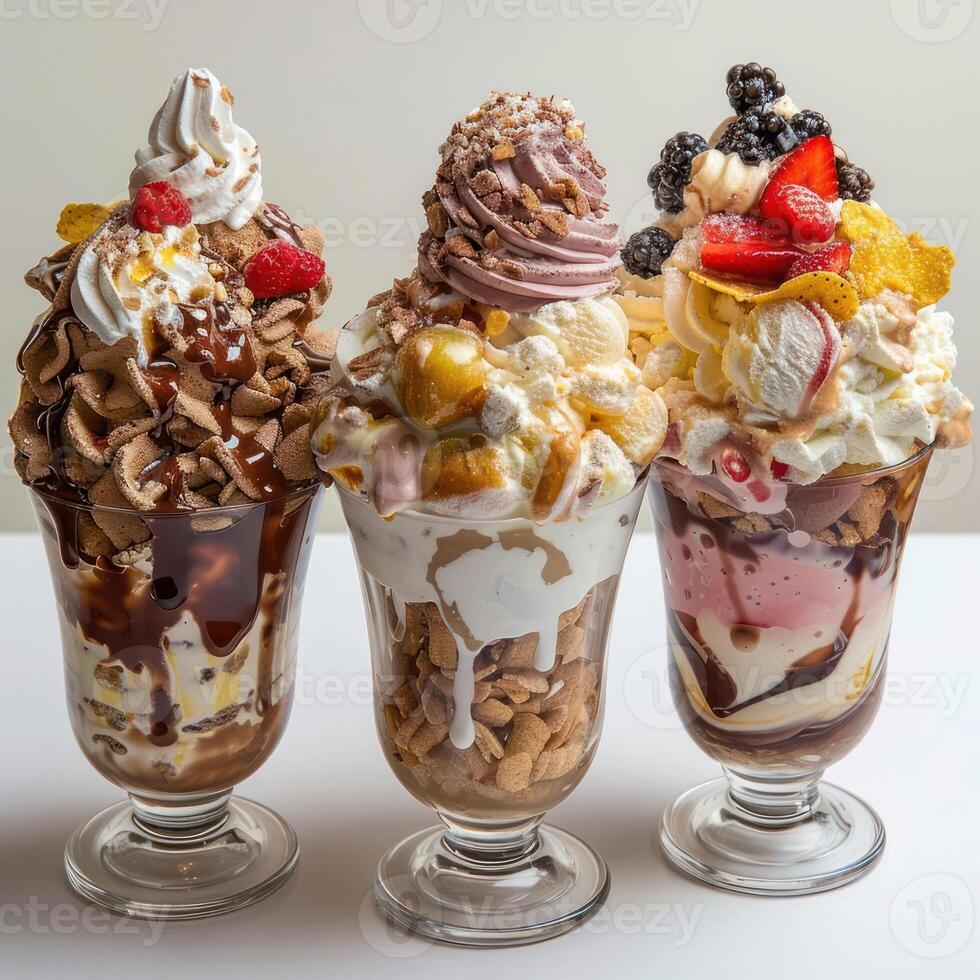 three dessert sundaes with different toppings in glass cups photo