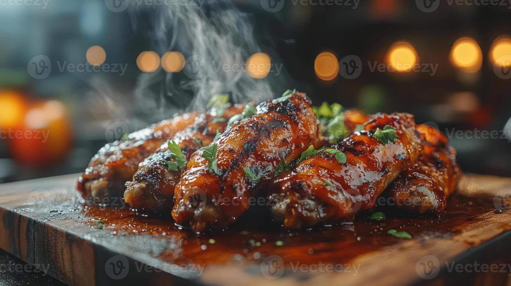 a wooden cutting board topped with meat covered in sauce photo