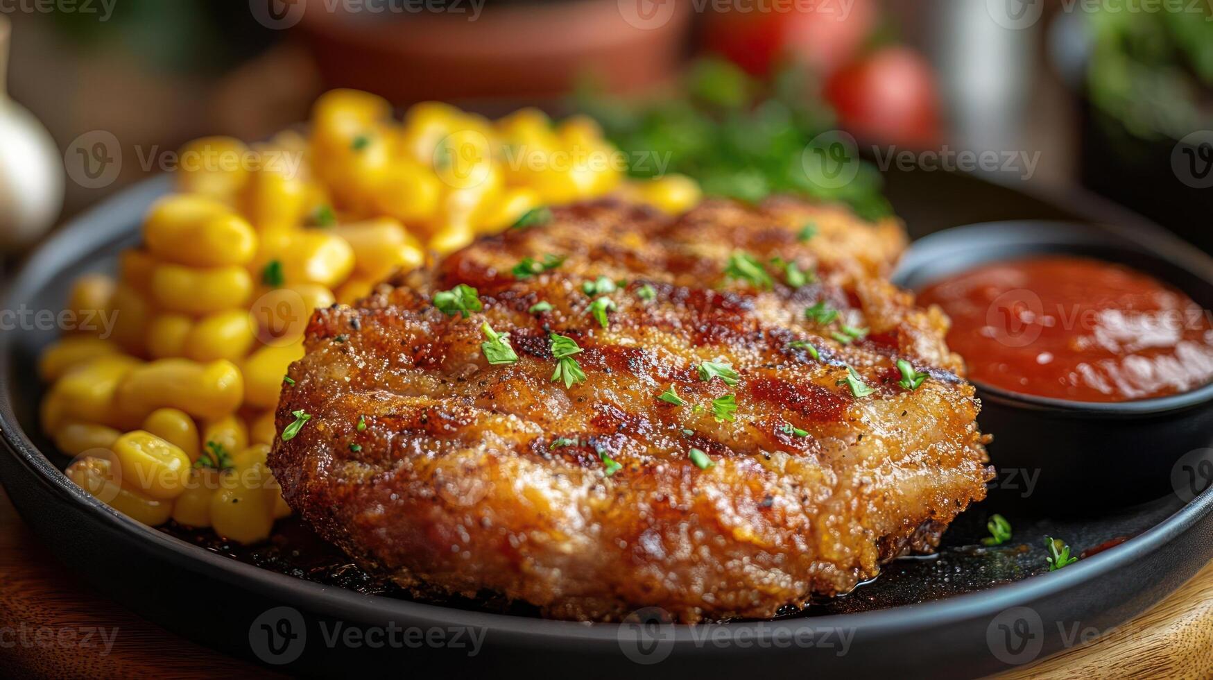 a plate of food with meat, corn and ketchup photo