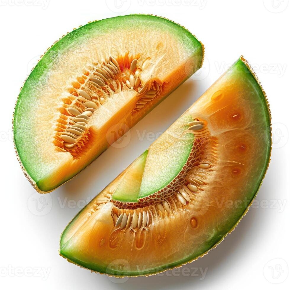 a half of a melon with a slice cut in half photo