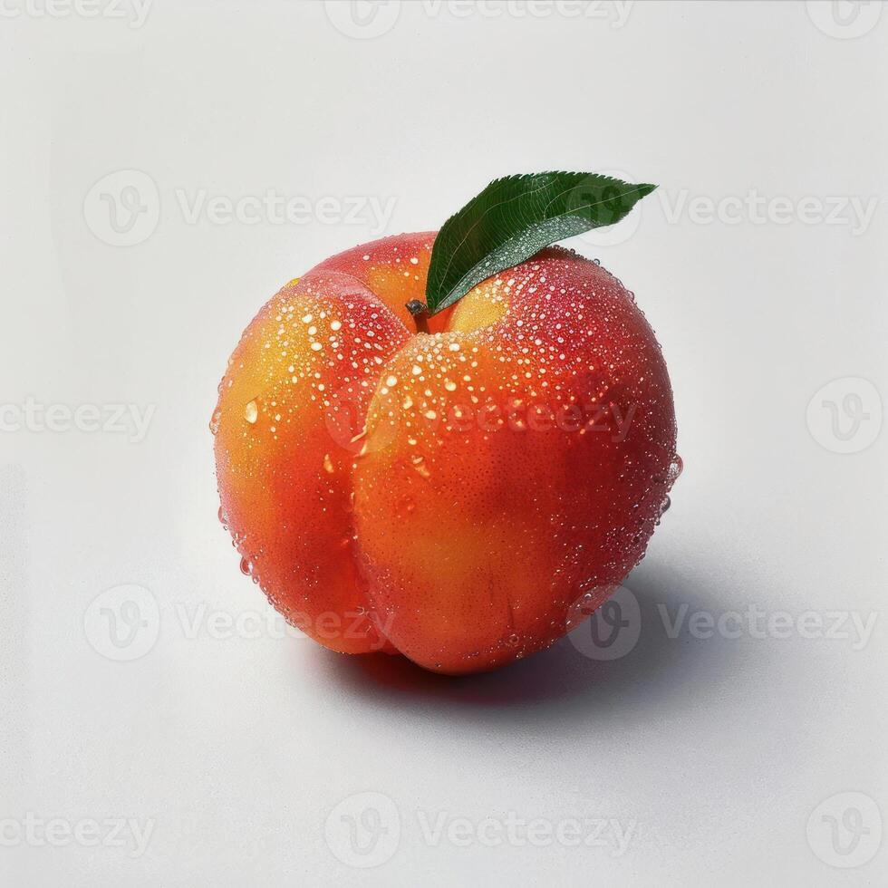 a peach with water droplets on it on a white surface photo