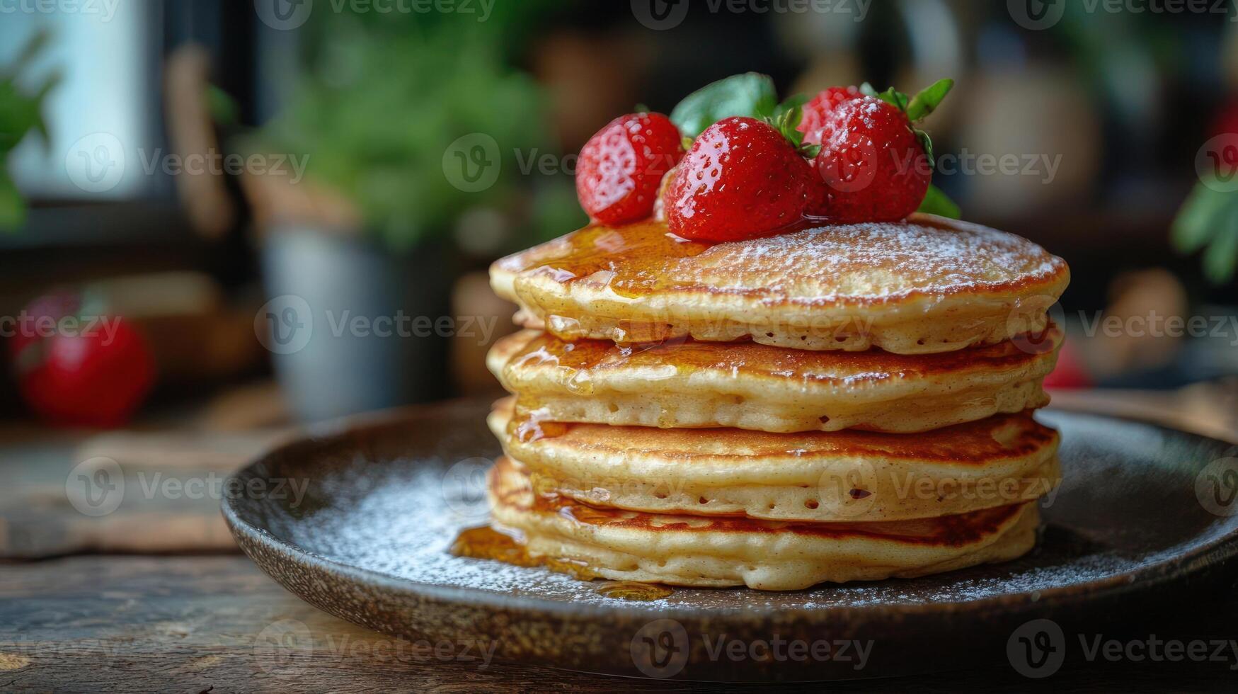 a stack of pancakes with strawberries on top photo