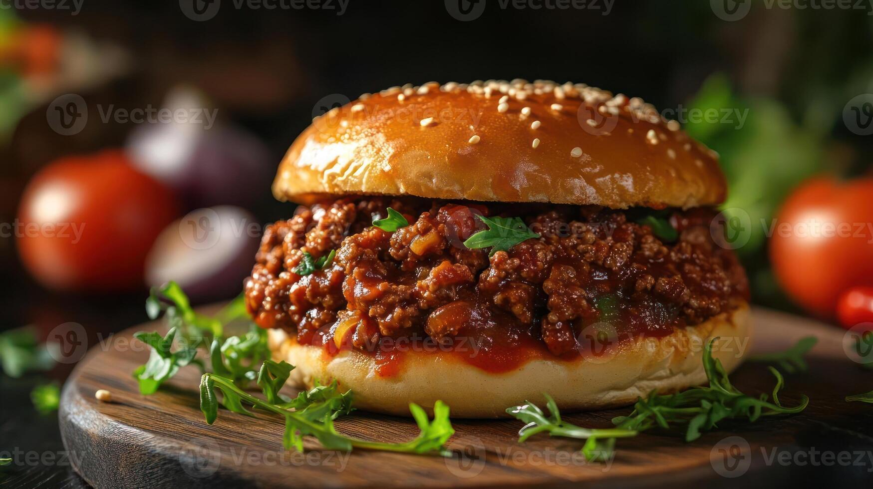 a sloppy joe sandwich on a wooden board photo