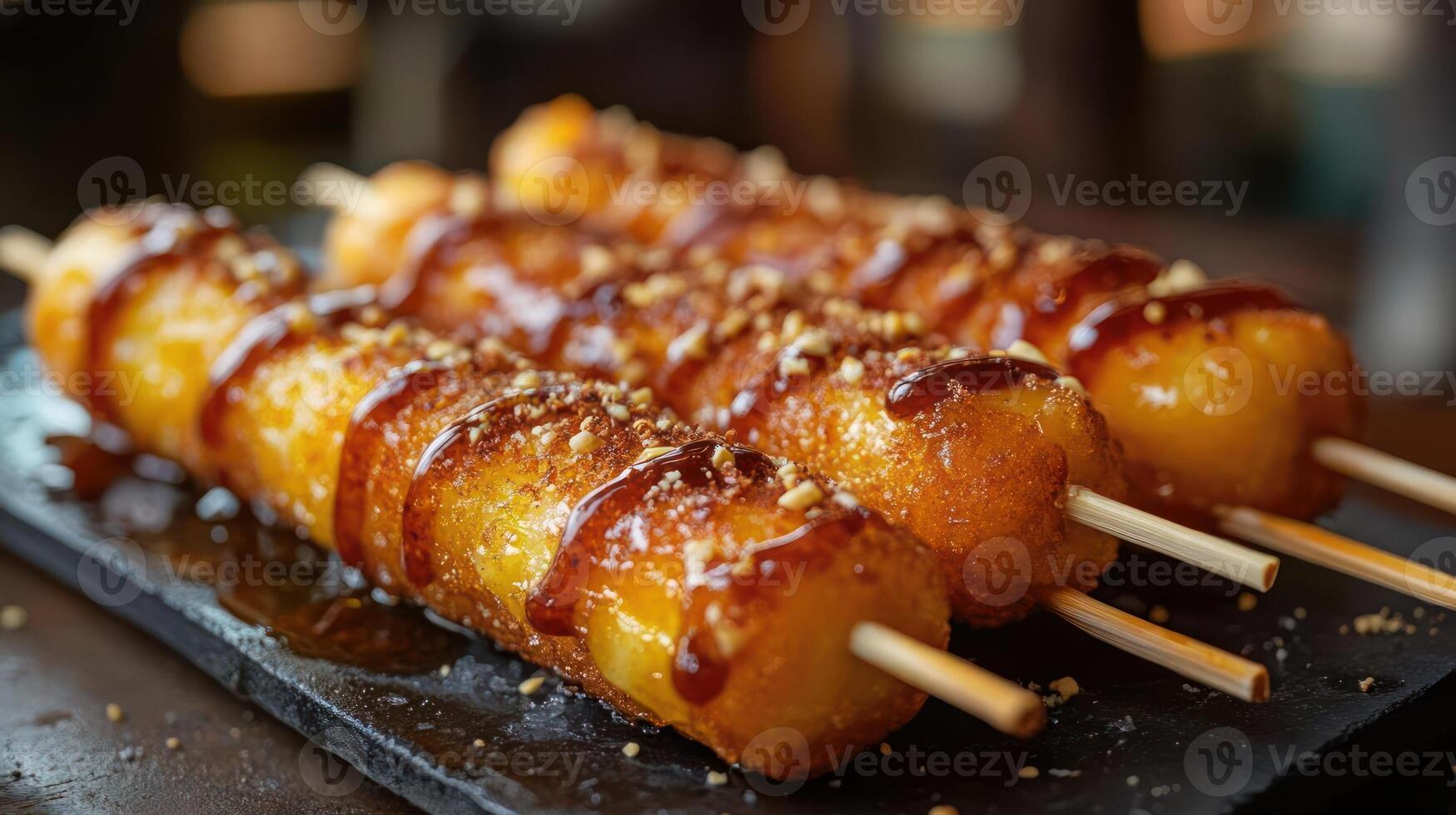 a close up of a plate of food with skewers photo