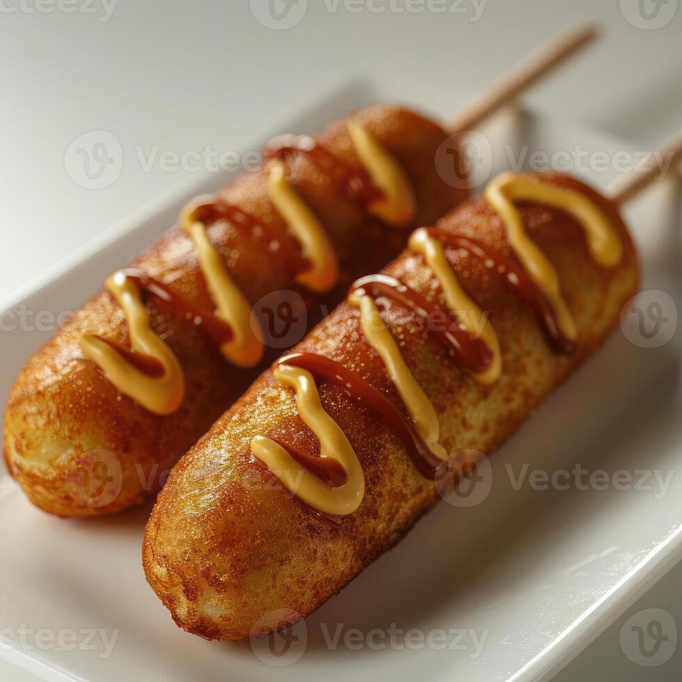 two hot dogs covered in mustard on a white plate photo