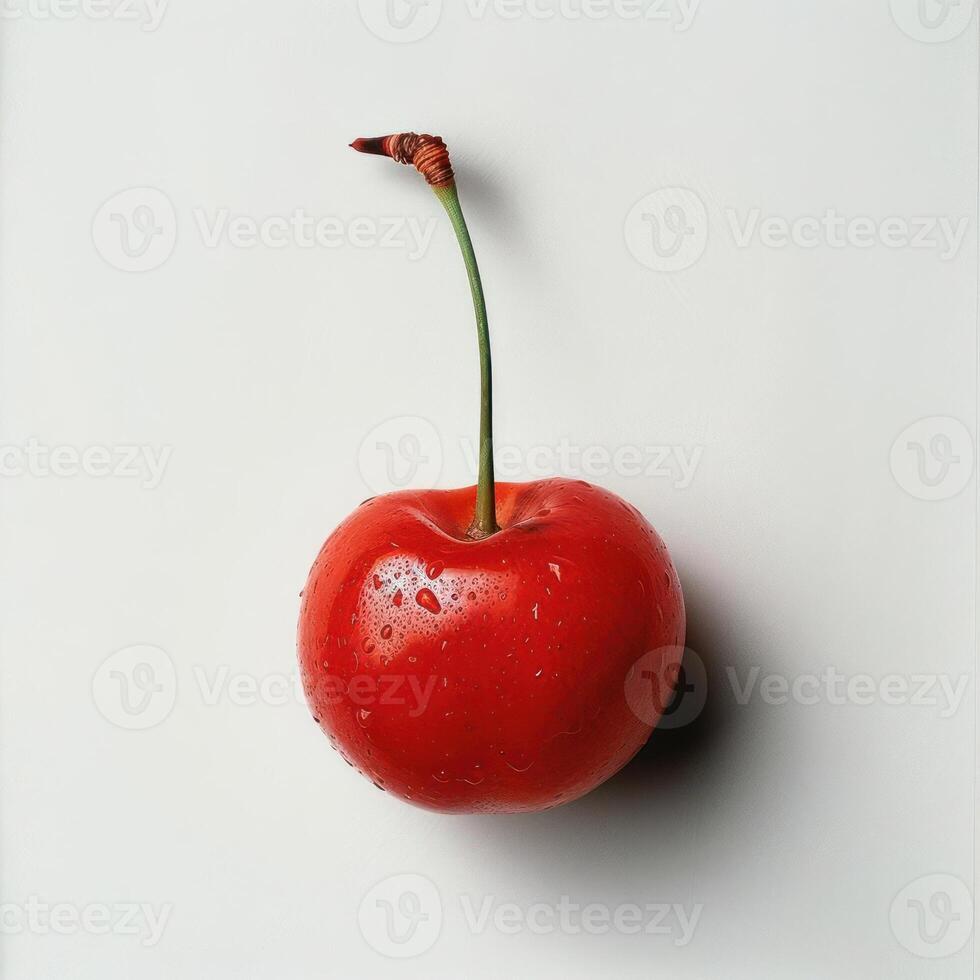 a red cherry with a stem sticking out of it photo