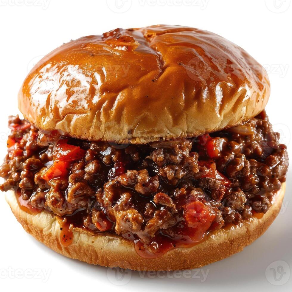 a close up of a sloppy beef sandwich on a bun photo
